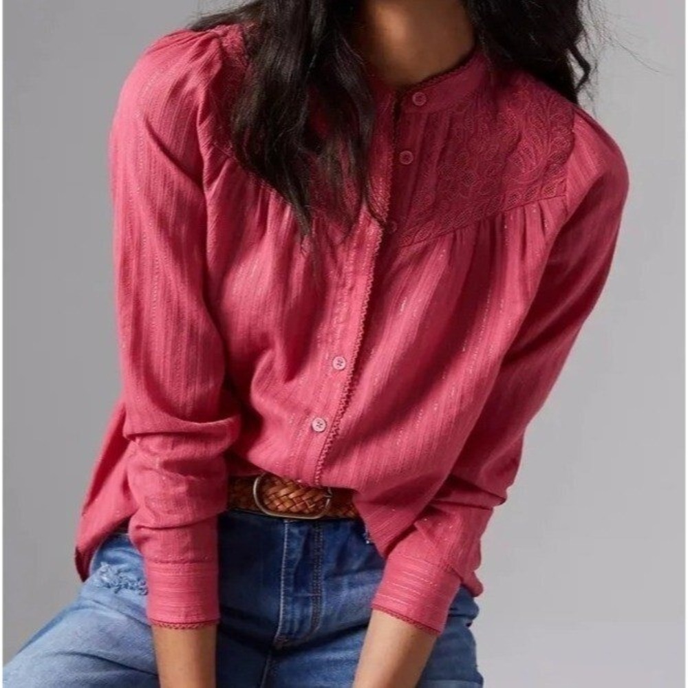 Pilcro and the Letterpress The Victoria Pink Metallic Lace Yoke Shirt Sz 2